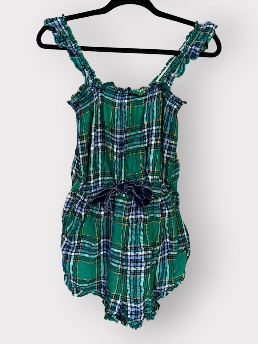 Aerie Women’s S Green Plaid Flannel Pajama Romper Ruffle Strap Sleeper Jumpsuit
